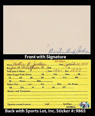 Baxter Buck Jordan Signed 3x6 Index Card SL Authentic 1927-38 Braves Bees