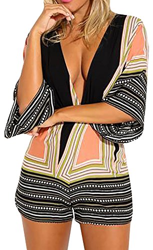 Chuanqi Women's Sexy Plus Size Deep V-neck Striped Floral Halter Romper Jumpsuit