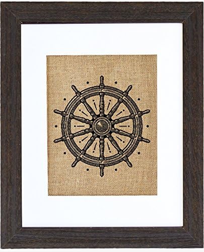 Captain's Wheel Burlap Wall Art Decor Driftwood 11x14 (8x10 art)
