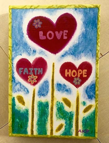 Handmade wooden 4x6 wall or shelf art plaque keepsake -"Faith hope and Love" Heart flowers