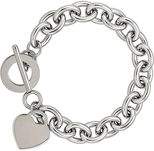 CleverEve Designer Series 12mm Stainless Steel Rolo Chain Heart Charm Circle Toggle Link Bracelet 7.5"