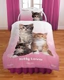 Kitty Love 3 kittens pink hearts single bed duvet cover set