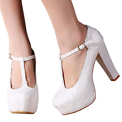 Getmorebeauty Women Block Mary Janes T-STRAPPY Lace Dress Wedding Shoes