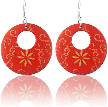 Spk Jewelry Vintage Tribal Wood Circle Flower Handmade Filigree Dangle Teardrop Red Earrings