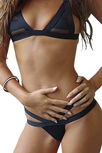 Mommyonline Women's Mesh Bandage Strappy Triangle Bikini Set Swimwear Beachwear (Medium, Black)