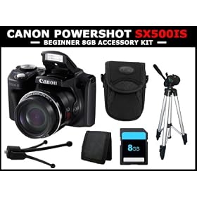 Powershot SX500 IS 16.0 MP Digital Camera with 30x Wide-Angle Zoom and 3.0-Inch LCD (Black) with 8GB Beginner's Digital Camera Accessory Kit