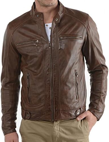 Leather Bomber Men's Biker Slim Fit Sheep Jacket Medium Brown