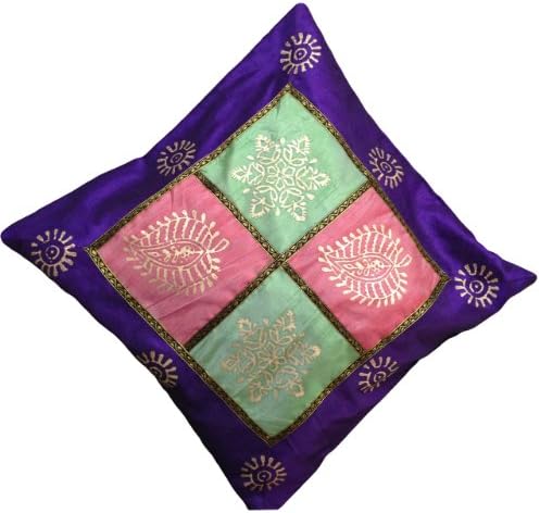 Colorful Silk Cushion/Throw Pillow Cover with Brocade & Zardozi Work (Cushion Not Included), 16 Inch By 16 Inch
