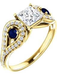 18K Yellow Gold Princess Cut Diamond and Sapphire Ring -- LIFETIME WARRANTY