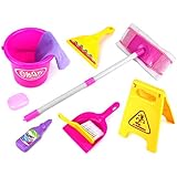 Velocity Toys Little Helper 'F' Deluxe Children's Kid's Pretend Play Toy Cleaning Play Set w/ Floor Dust Mop, Bucket, Dust Pan, Brush, Squeegee, Cleaning Rag, Wet Floor Sign, Mock Soap Bottle & Bar