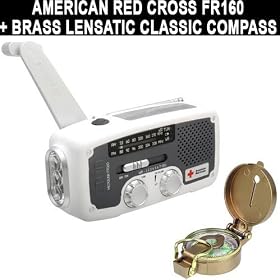 American Red Cross FR160 Microlink Solar-Powered Self-Powered AM/FM NOAA Weather Portable Radio with Flashlight and Cell Phone Charger in white Plus a Military Style Marching Lensatic Compass. Great for All Hiking and Camping Trips or for Any Natural Disaster. THE PERFECT CAMPING COMPANION!