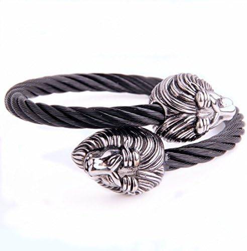 Men's Elastic Adjustable Lion Head Bangle Bracelet Steel Twisted Cable Cuff Bracelet Silver Black