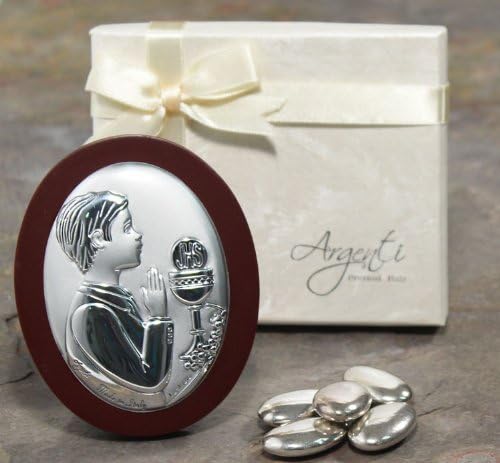 Silver First Communion Boy Icon Favors on Oval Cherry Wood Stand