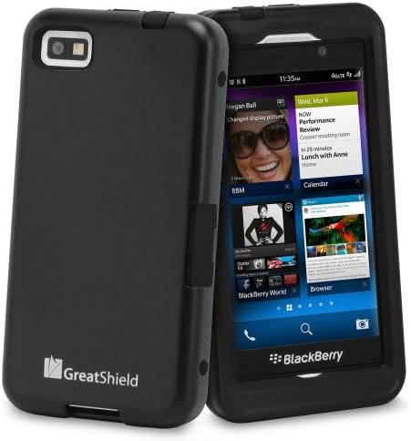 GreatShield TUFF Series Dual Layer Hybrid Kickstand Case with Swivel Belt-Clip and Holster for Blackberry Z10 (Black & Black)