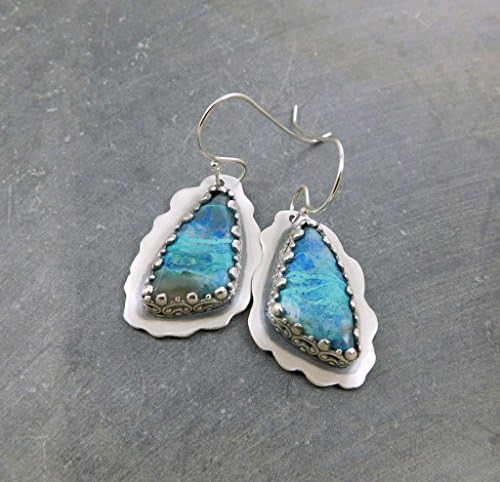 Bright Blue Teal Green Shattuckite Stone Oxidized Sterling Silver Wavy Design Dangle Earrings