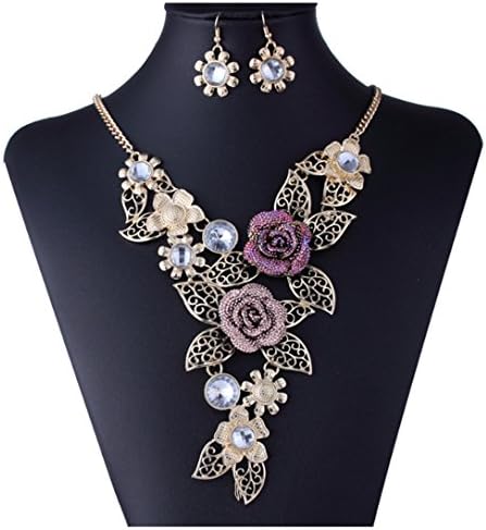 Unique Wine Red Rose Flower Shape Gold Plated Hollow Chain Necklace Earrings Jewelry Set Women