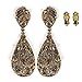 Antique Goldtone with Amber Iced Out Vine Twist Teardrop Shaped 3.25 Inch Dangle Clip on Earrings (R-3772)