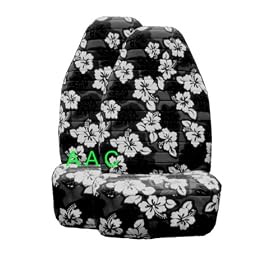 A Set of 5 Pc. Universal fit Hawaiian Hibiscus Floral Print Front Bucket Seat Cover  Steering Wheel Cover and Shoulder Harness Pressure Relief Cover   Pink