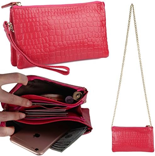 YALUXE Women's Large Capacity Leather Smartphone Clutch Wristlet Wallet with Shoulder Chain Pink