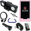 Combo Pack for the Microsoft Zune HD MP3 Player: Pink Rubberized Silicone Skin Case, Foldable Cube Speaker Dock, USB Data Sync Charging Cable, USB Car Charger, USB Wall Travel/Home Charger, 3.5mm Auxiliary Stereo Retractable Cable, Screen Protector, and Free Carabiner Key Chain