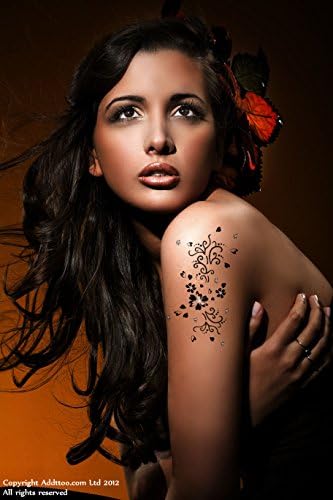 Black Hearts, Flowers and Stars Temporary Tattoo with Sparkling Swarovski Crystals - Temporary Body Art Tattoo. Water Resistant. For Parties, Clubbing, Festivals, Holidays, Weddings, or As a Unique Present