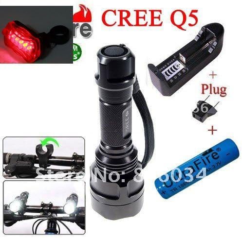 ChicSport 6 in1 C8 CREE Q5 Tactical Torch Light Flashlight+The vehicleclampr+18650battery+charger+power adapter + taillight