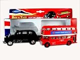 London Double Decker Red Bus and Black Taxi Models Made of Die Cast Metal and Plastic Parts