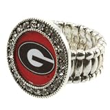 Silver toned stretch band ring with crystal rhinestones surrounding the University of Georgia logo, Bulldogs
