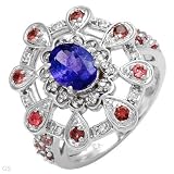 Stylish Ring with 1.85 CTW Precious Stones - Genuine Clean round Diamonds, Tanzanite and Tourmalines Made of 14K White Gold