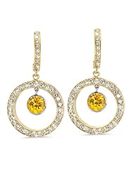 Twin Circle Pave Diamond Earrings In 18K Yellow Gold With A 0.70 ct. Genuine Yellow Sapphire Center Stone.