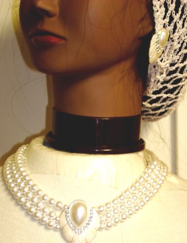 Click here to buy Three Strand White Cultured Pearl Necklace Pearl and Crystal Locket with Matching Ear Rings for....