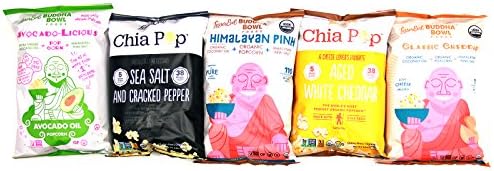 New! Lesserevil Popcorn 5 Variety Sampler Pack (1) Buddha Bowl Himalayan Pink (2) Avocado Licious (3) Chia Pop Sea Salt (4) Chia Pop Aged White Cheddar (5) Classic Cheddar 5 Oz Per Pack