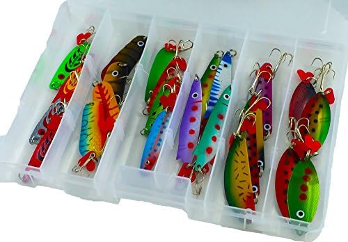 24-Pack of Fishing Spoons, No 2 Spoons The Same, Assorted, Tournament Quality c/w Tackle Box, Treble Hooks and Fish Catching Lure Patterns. Ultimate Multi-Species Collection for Fresh or Salt Water