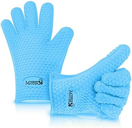 Heat Resistant Gloves Waterproof Silicone 5 Finger Barbecue Oven Mitts Universal Premium Cooking Gloves Set Non Slip Perfect Grip High Temperature BBQ Grill Microwave Kitchen Thermal Protection (Blue)