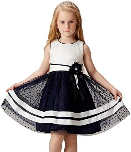 BILIBAYA Girls' White-Black Knit Mesh Dress with Floral Lace Trim Black Dot(Size 6)