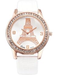 Dalas White Fashion Rose Gold Case Crystal Eiffel Tower Lady Women Quartz Wrist Watch WAA539