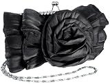Black Sheer Wild Rose Rhinestones Frame Clasp Clutch Baguette Evening Handbag Purse w/2 Hidden Detachable Chains