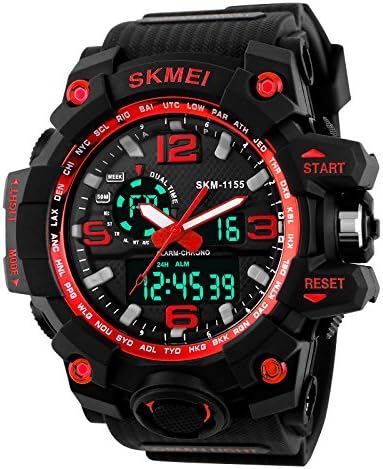 Nuricher Mens Fashion Luminous Digital Sport Watches Dual Time Big Dial Band Range 16.5-23.5cm 50m Waterproof (Red)