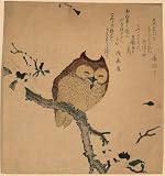 Reprint Historic Japanese Print an owl perched on a magnolia tree branch; the magnolia blossoms are embossed 1870