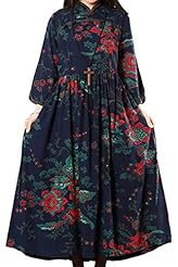 Floral Print 3/4 Sleeves Cotton/Linen Maxi Dress 