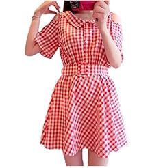 Fit-and-Flare Summer Cotton/Linen Plaid Print Cap Sleeves Off the Shoulder Belted Cutout Pleated  Dress