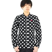 ビッグドット ハート刺繍シャツ メンズ 水玉柄 コットンシャツ (L, ブラック)