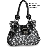 Silver Pewter Rhinestone Fleur-de-lis Embelished Belted Overized Shopper Tote Shoulder Bag Hobo Handbag Satchel Purse