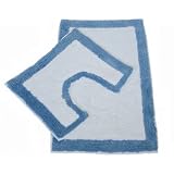 2 Piece 100% Cotton Bath Mat Set in White/Light Blue