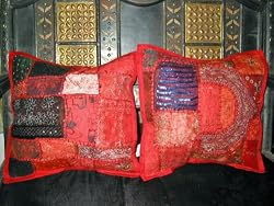 2 Stunning Orange Black Patch-work Pillow Cushion Covers From India Free Shipping