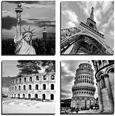 iPainting-- Contemporary Art Giclee Canvas Prints Landscape Framed Painting Statue of Liberty View for Home Wall Decoration 12x12inch 4pcs/set Ready to Hang.