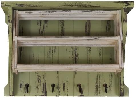 Distressed Wood Laundry Drying Rack With Shelves & Hooks (White and Green)
