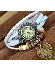 KANO BAK(TM) White Color Vintage Bronze Cut lovely Heart Pattern Quartz Fashion Retro Wrap Around Weave Leather Bracelet WristWatch Wristband Gift Watch