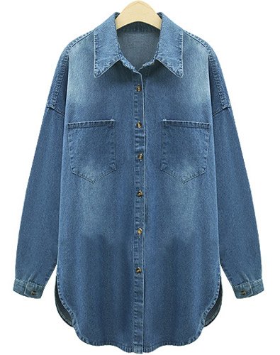 (イイネショップ) eeNeshop ロング丈 ウォッシュ加工 デニム シャツ