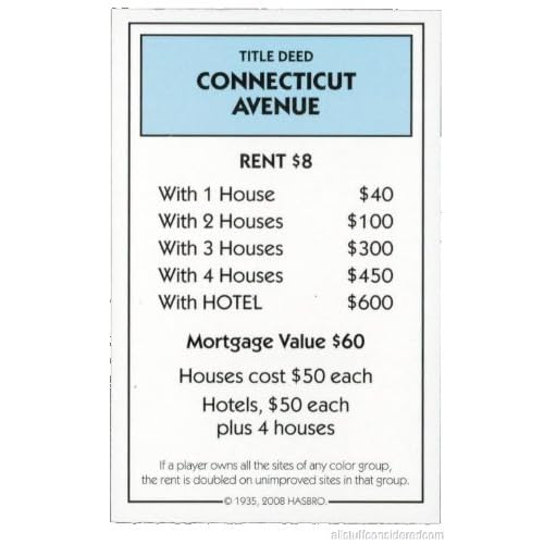 Genuine Monopoly Classic Connecticut Avenue Title Deed (Replacement/Extra)